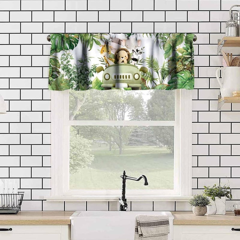JanJCurt Jungle Safari Curtain Valance, Safari Animals Tropical Natural Green Plants Branches Leaves Floral Print Blackout Short Window Treatment for Kids Bedroom Living Room, 54x18inch - Image 4